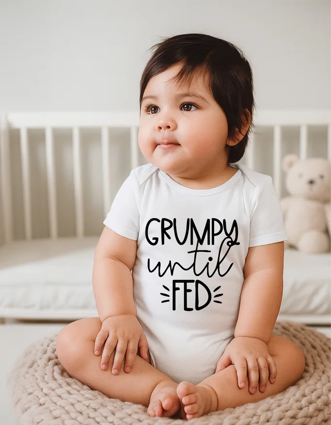 Grumpy Until Fed Baby Kids Rompers – The Mood We All Secretly Relate To – Black Text